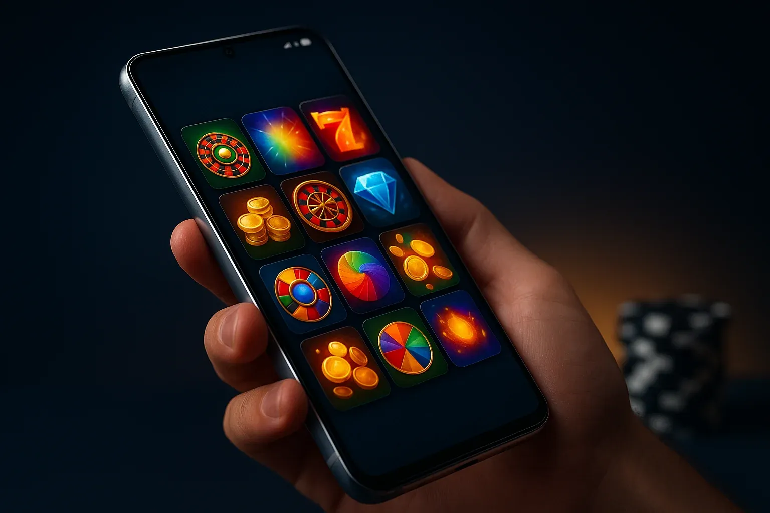 Flagship Android smartphone showing vivid casino app interface in dramatic studio lighting