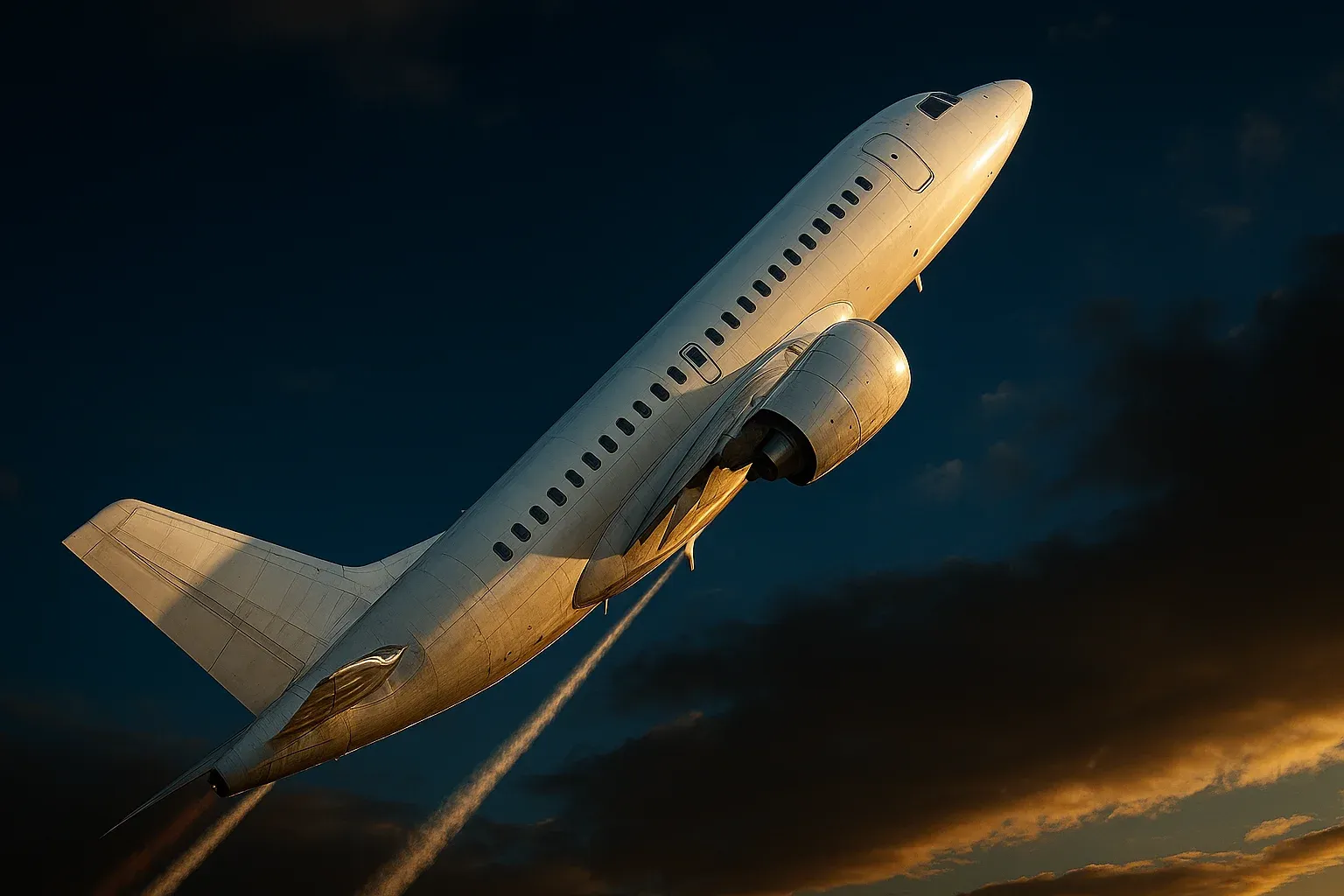Hyperrealistic white jet climbing steeply in deep blue sky with contrails