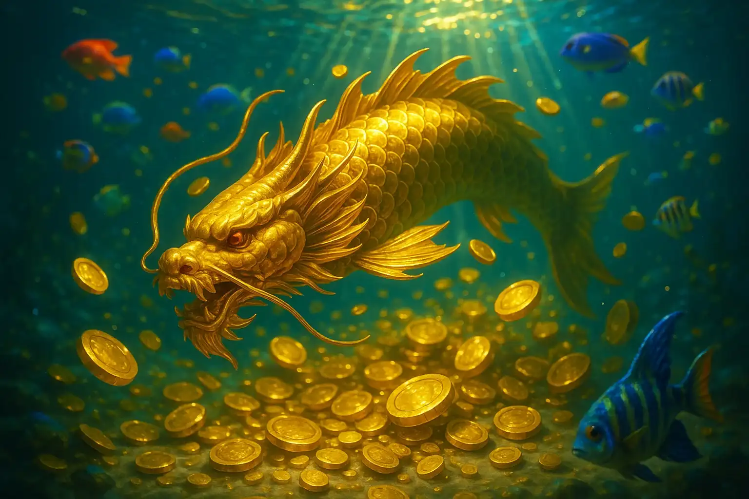 Hyperrealistic underwater fishing game scene with golden dragon fish and treasure