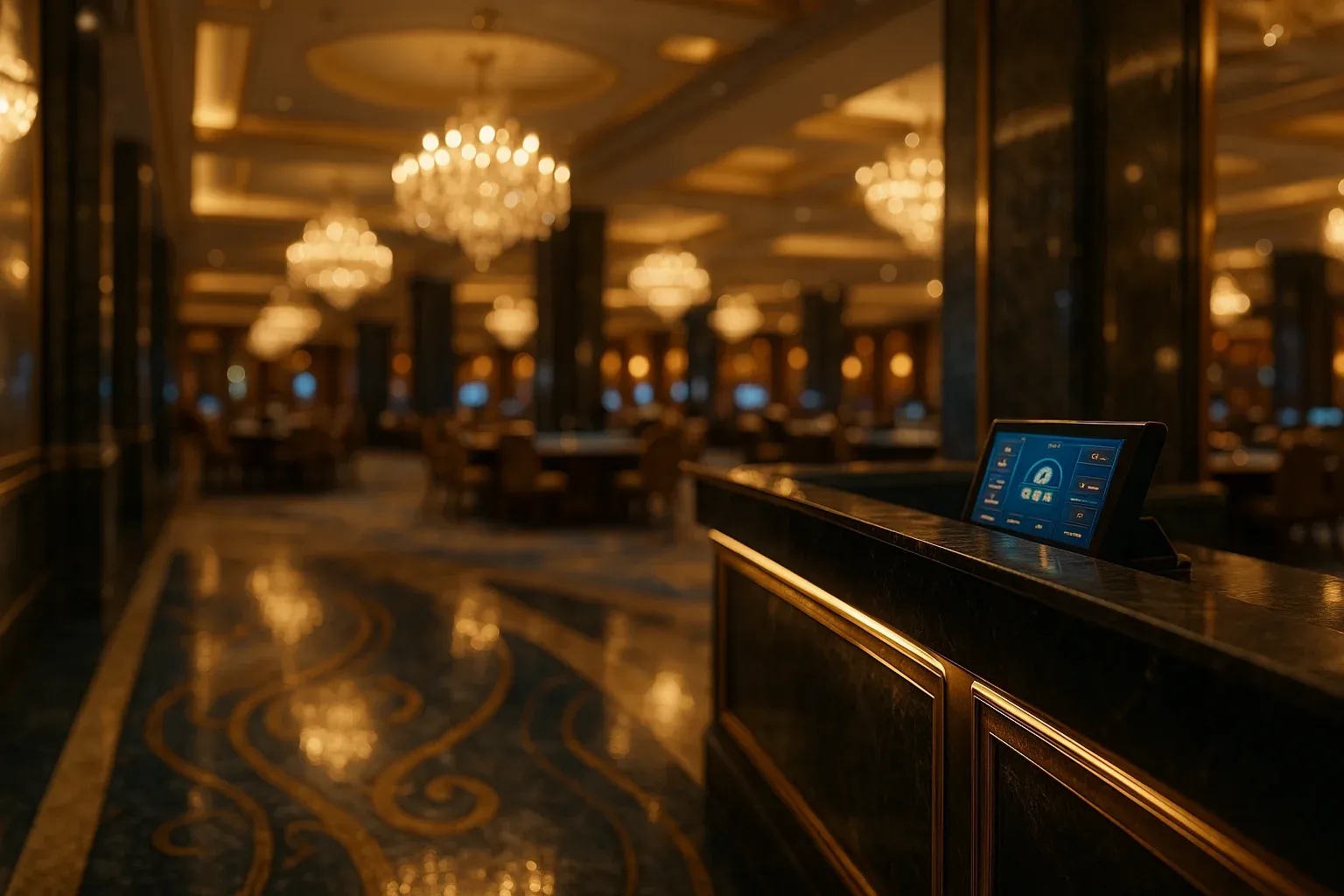Hyperrealistic wide shot of luxurious Manila casino lobby with marble and chandeliers