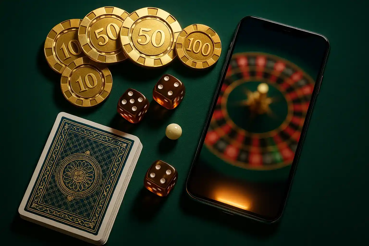 Top-down casino table with golden chips, cards, dice, roulette ball, smartphone