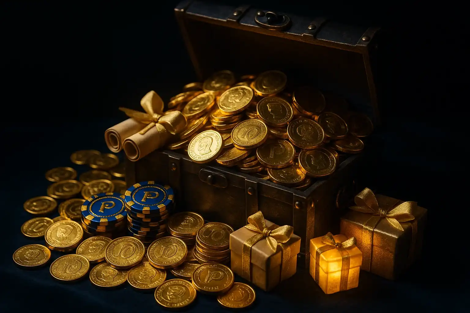 Overflowing treasure chest with gold coins, casino chips, vouchers, and gift boxes