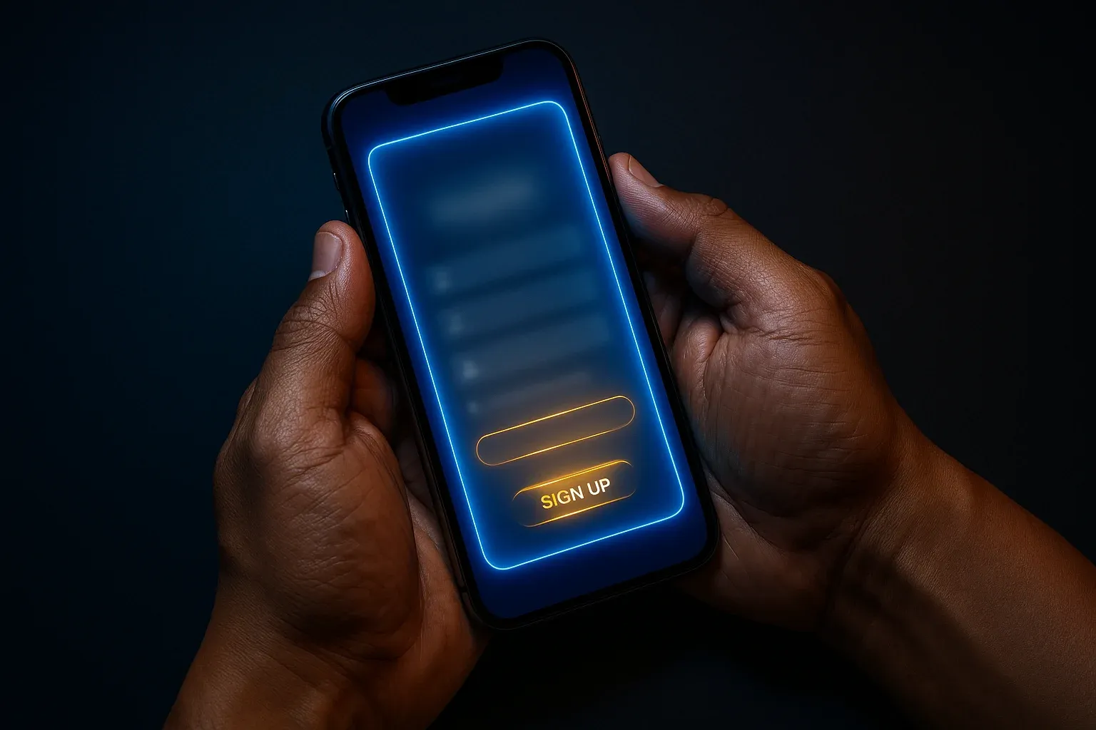 Filipino man hands holding smartphone with blurred registration screen, blue gold glow