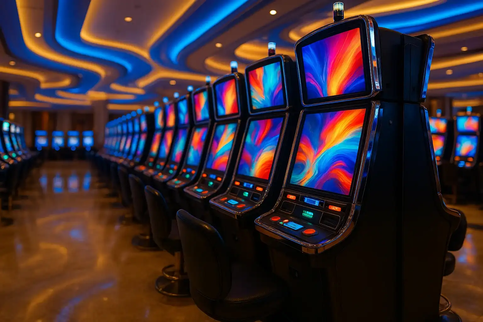 Hyperrealistic wide shot of premium Manila casino slots floor at night