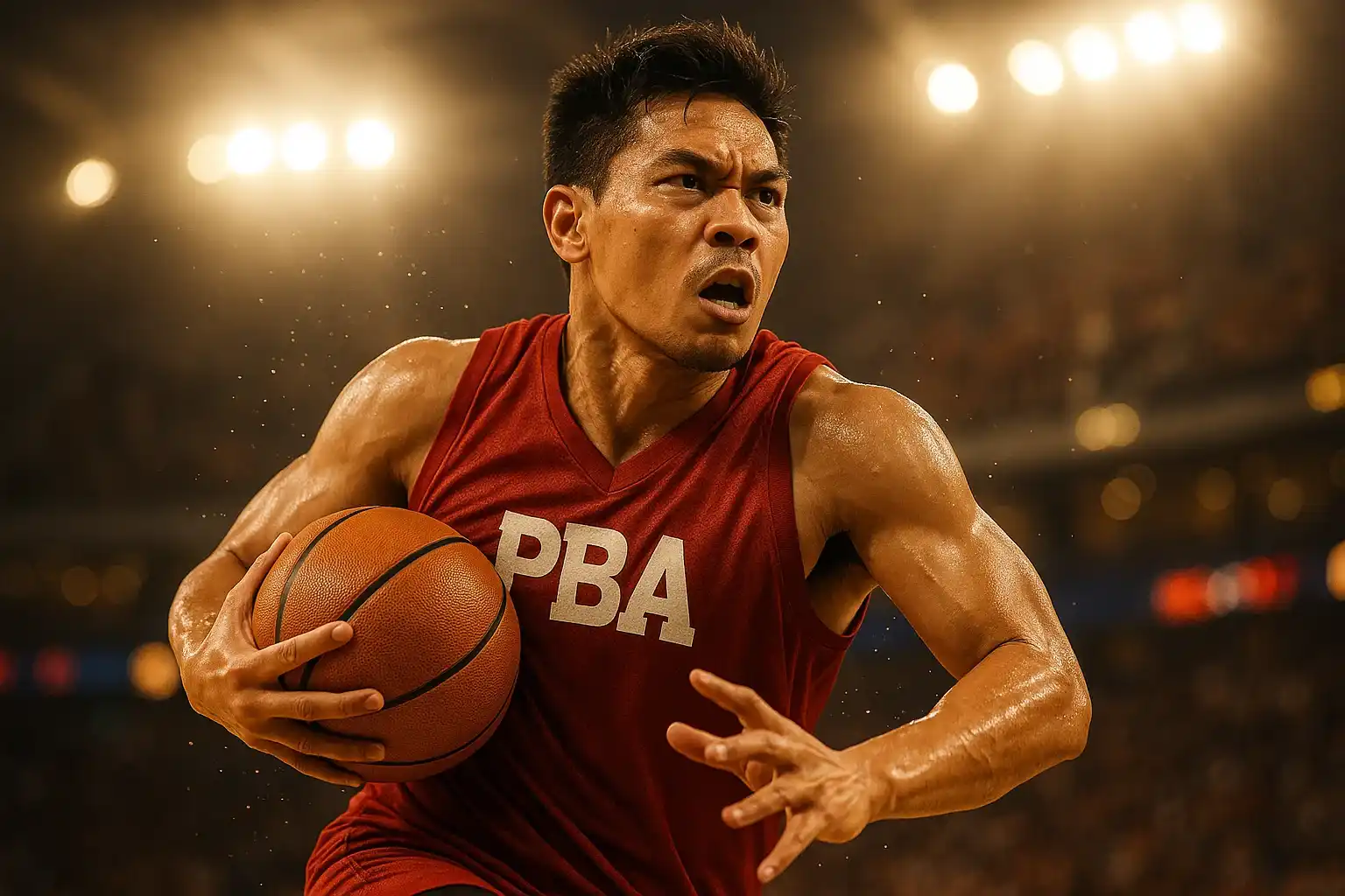 Filipino PBA player mid-air driving to basket, intense close-up